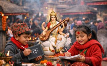 आज सरस्वती पूजाः बालबालिकालाई अक्षरारम्भ गराइँदै