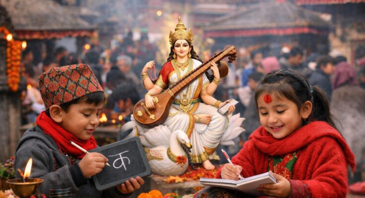 आज सरस्वती पूजाः बालबालिकालाई अक्षरारम्भ गराइँदै